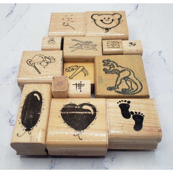 Unbranded Other - Lot of 14 Wood Mounted Rubber Stamps Summer Kids Hearts Balloons